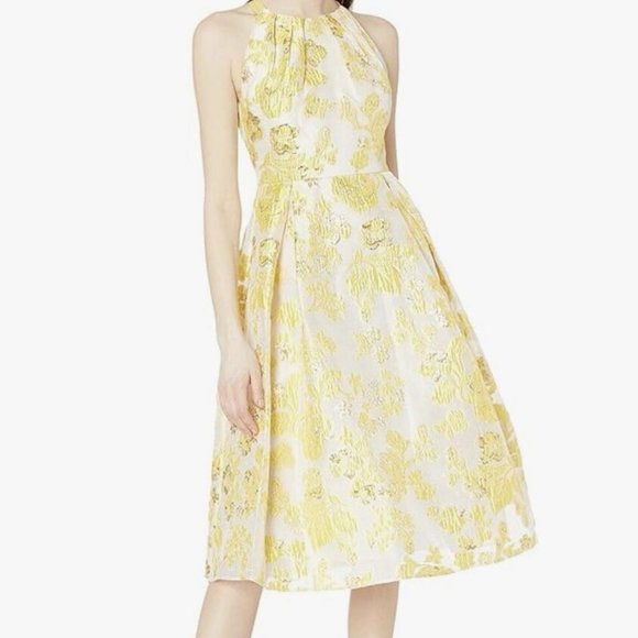 Adrianna Papell Dress 6 Jacquard Metallic Yellow Floral Fit Flare Lined NWT - Picture 1 of 11
